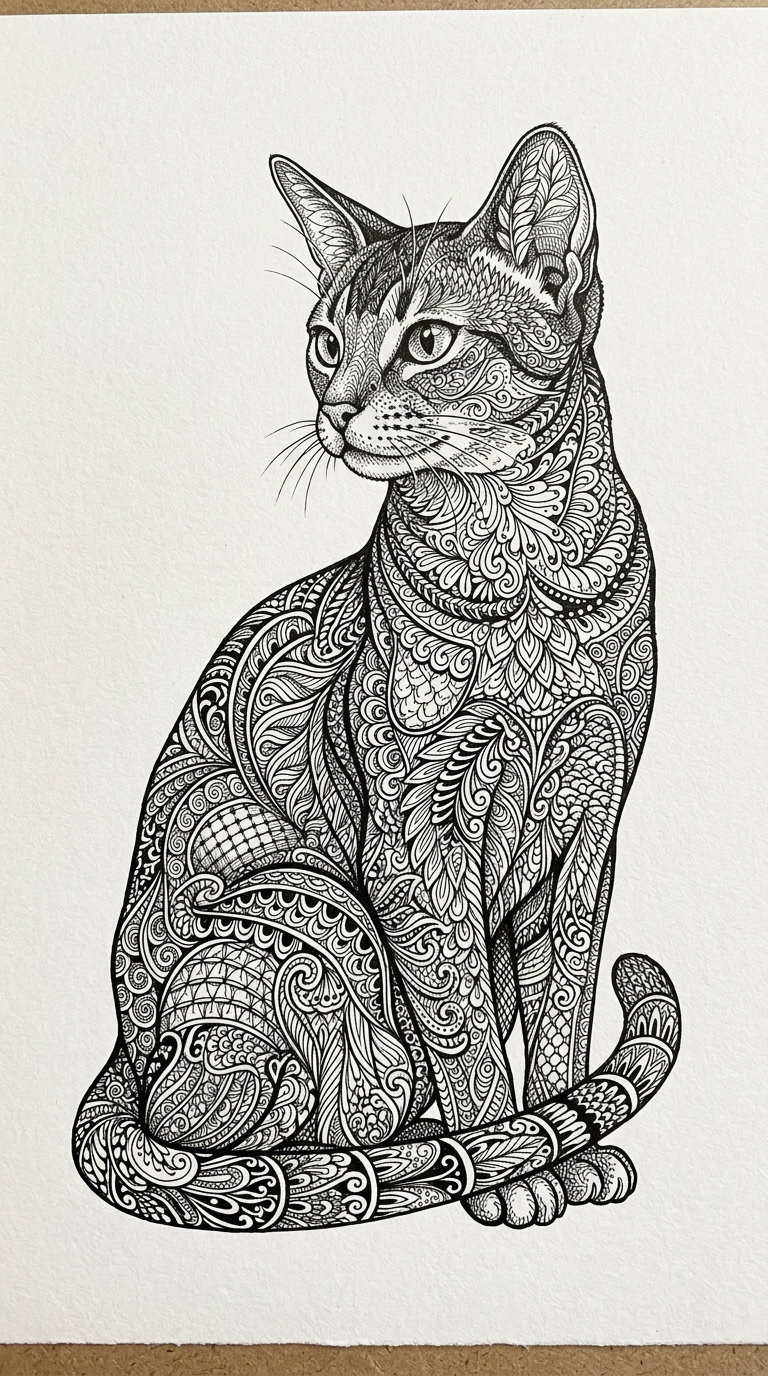 A black and white drawing of a sitting Abyssinian cat featuring ornate patterns