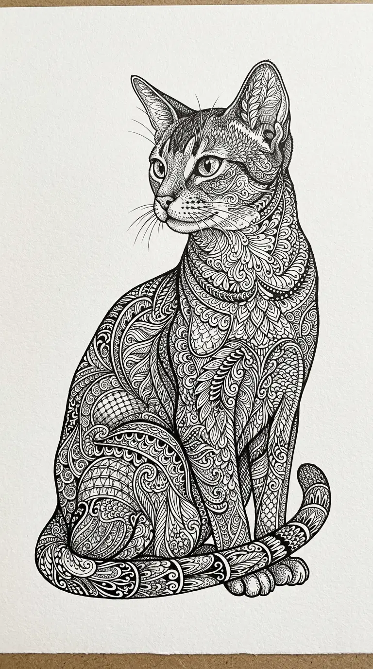 Detailed illustration of an Abyssinian cat with intricate patterns
