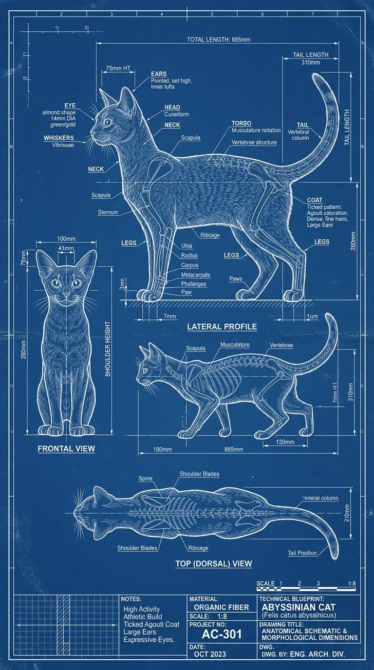 Detailed Anatomical Blueprint of an Abyssinian Cat