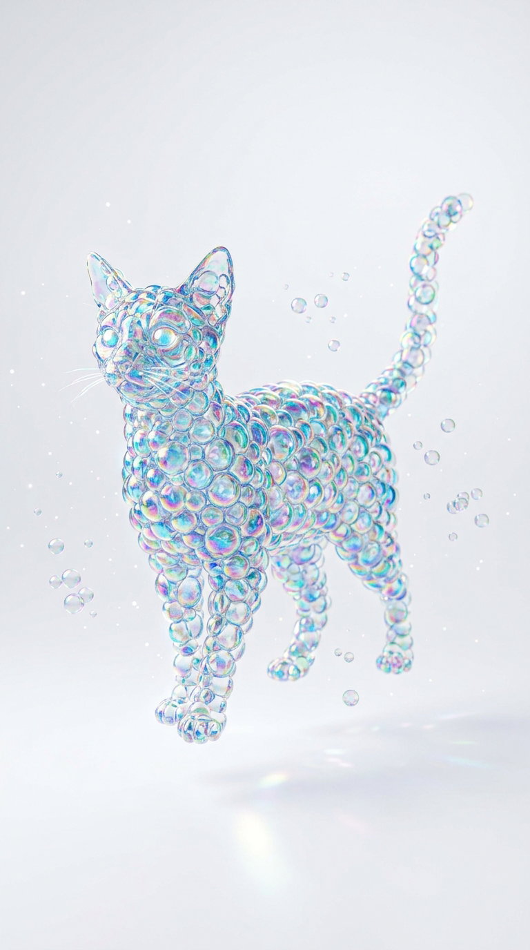 A transparent cat figure composed of colorful bubbles, floating in a light background