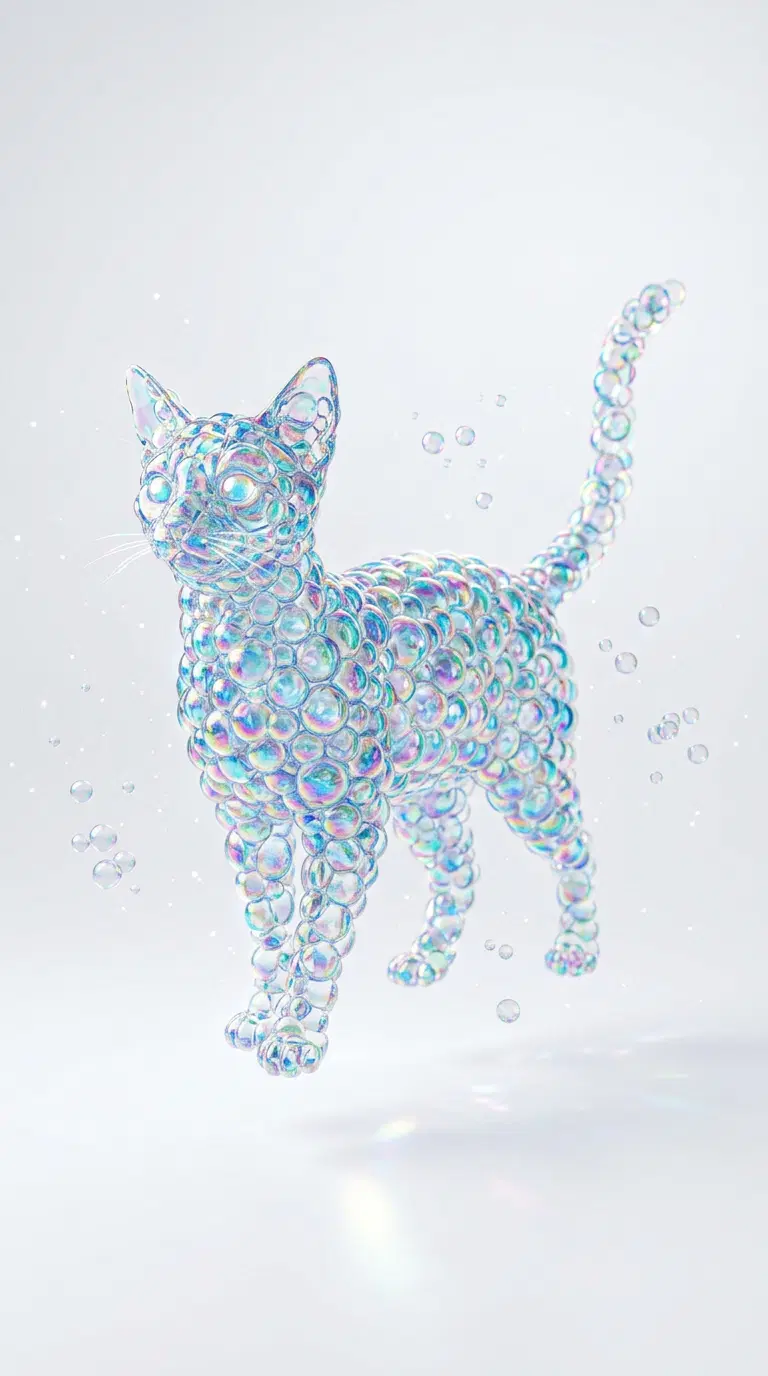 A stylized representation of an Abyssinian cat made of bubbles