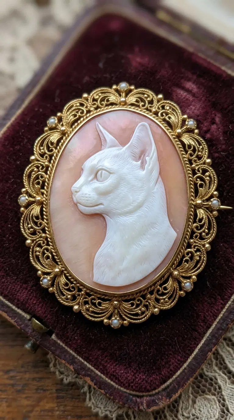 Intricate Cameo Brooch Featuring an Abyssinian Cat Profile