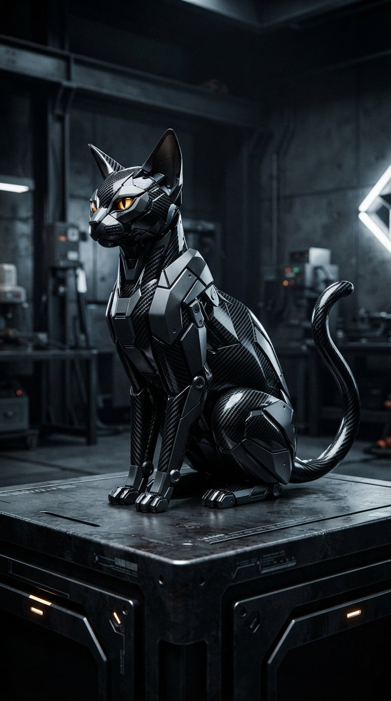 A robotic cat resembling an Abyssinian, detailed with a sleek black finish, sitting on a metallic surface in a dark, industrial setting.