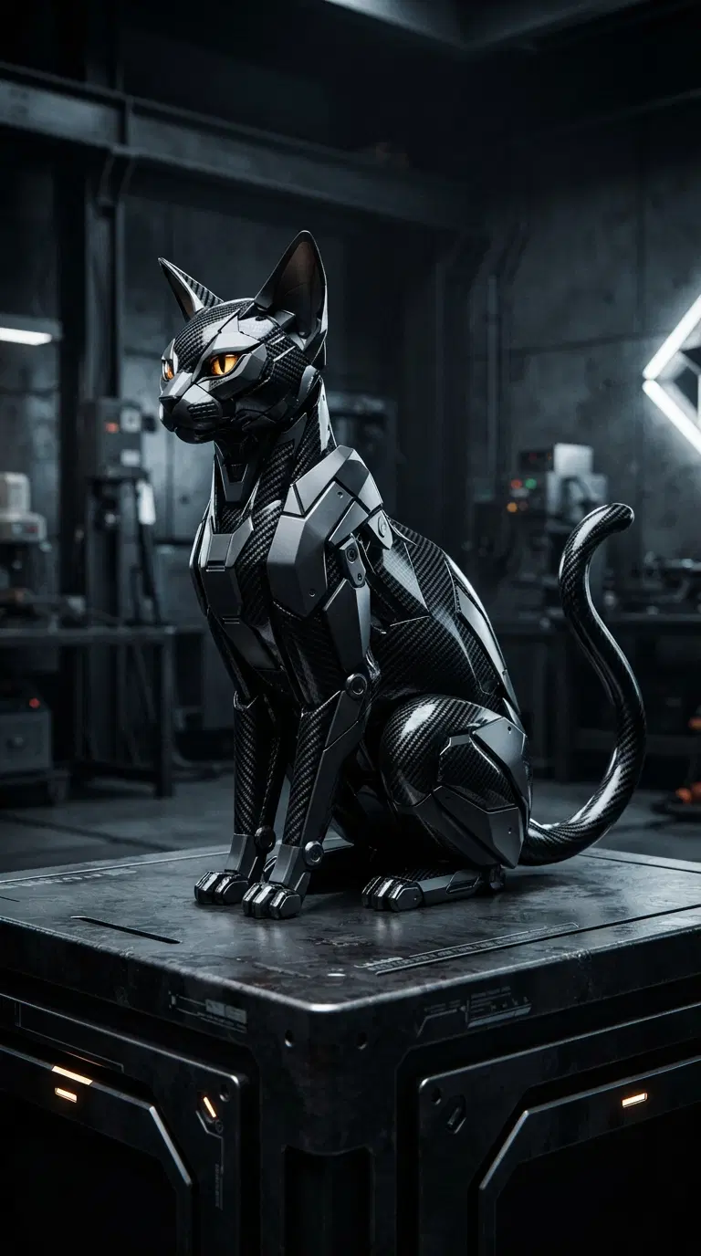 Futuristic Abyssinian Cat Sculpture in a High-Tech Environment