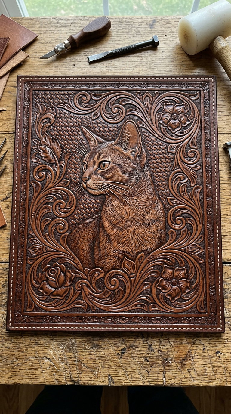 A leather carving featuring a detailed depiction of a cat surrounded by floral patterns.