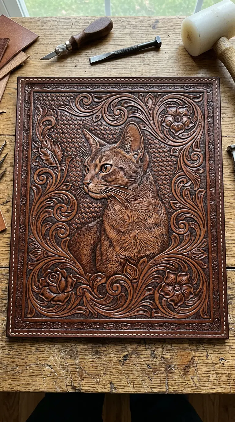 Intricately Carved Leather Depiction of an Abyssinian Cat
