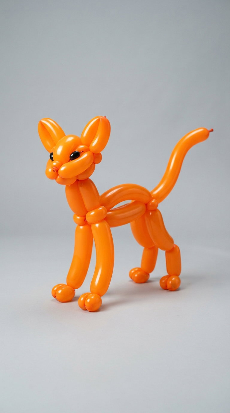 An orange balloon sculpture resembling a cat with large ears and a curled tail.