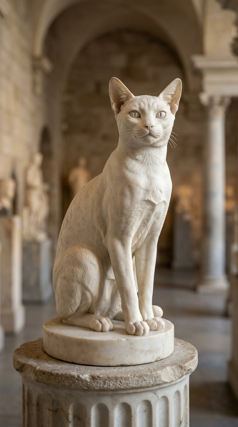 A marble statue of a cat sitting on a pedestal in a museum.