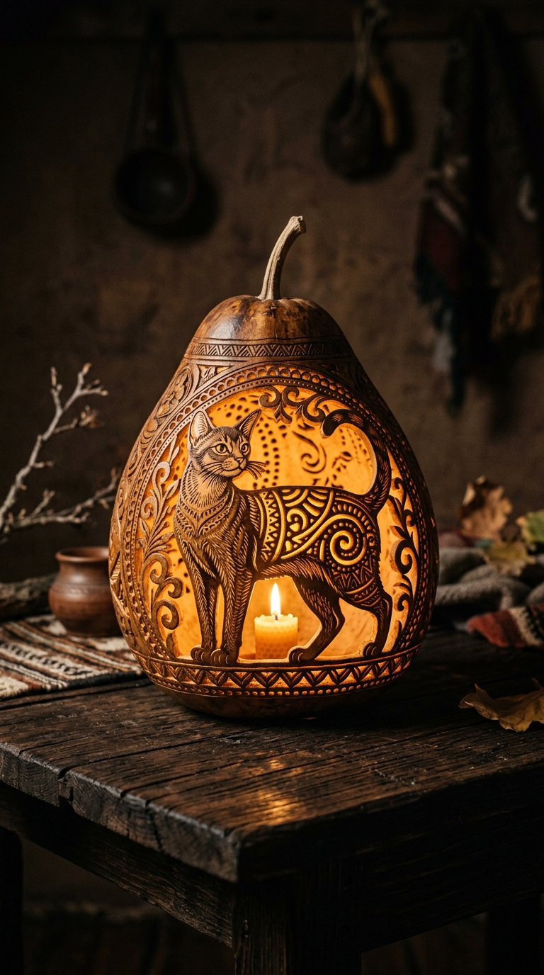 A carved pumpkin lantern depicting a cat with intricate patterns and a candle inside
