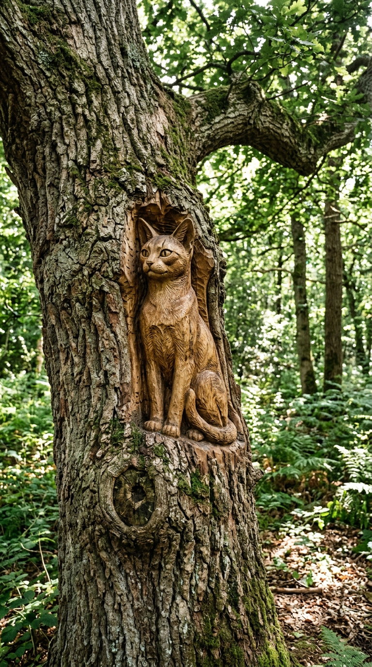 A detailed wooden carving of a cat sitting in the hollow of a tree trunk, surrounded by green foliage and forest floor.