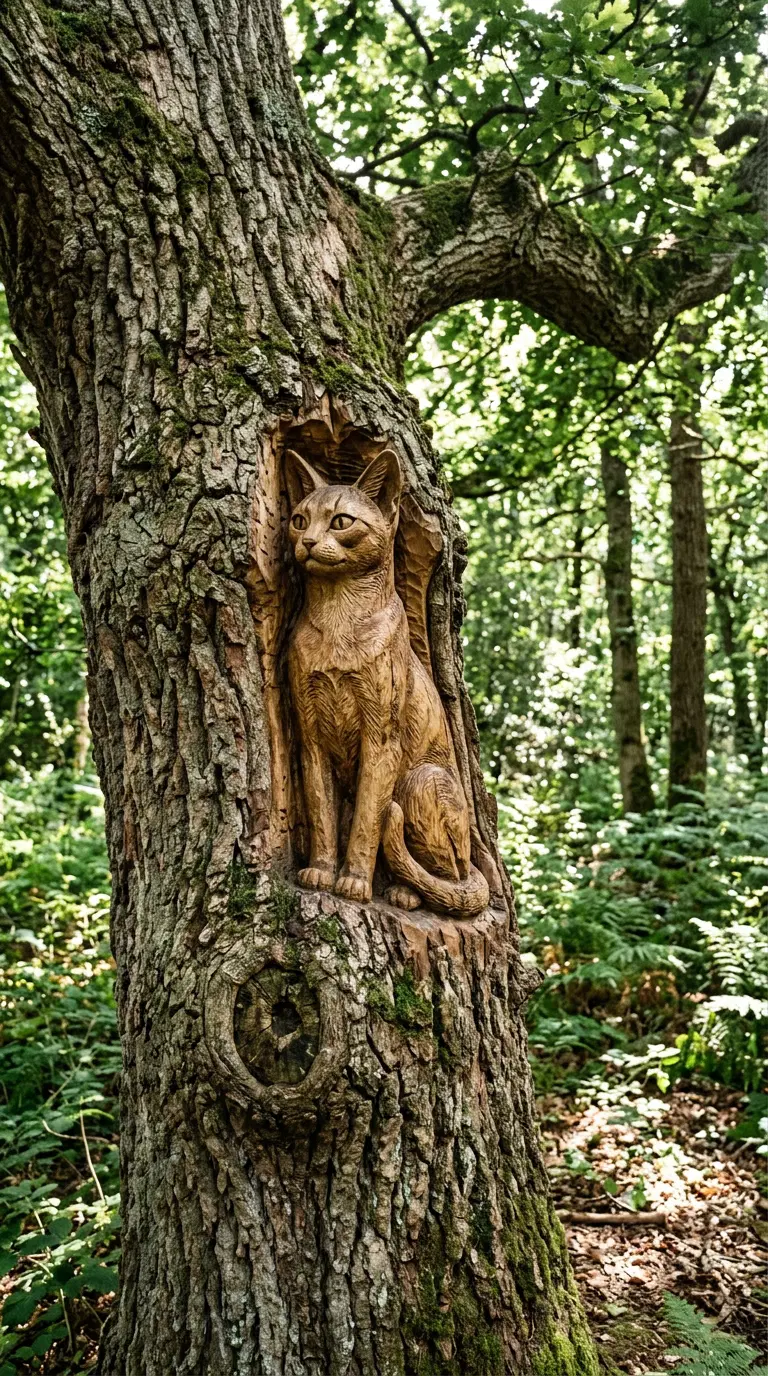 Wooden Carving of a Cat in a Tree Trunk Surrounded by Nature
