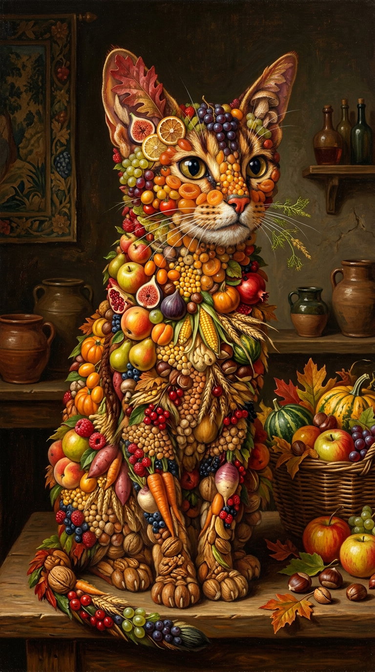 An artistic depiction of a cat covered in fruits and vegetables, surrounded by a rustic kitchen setting.