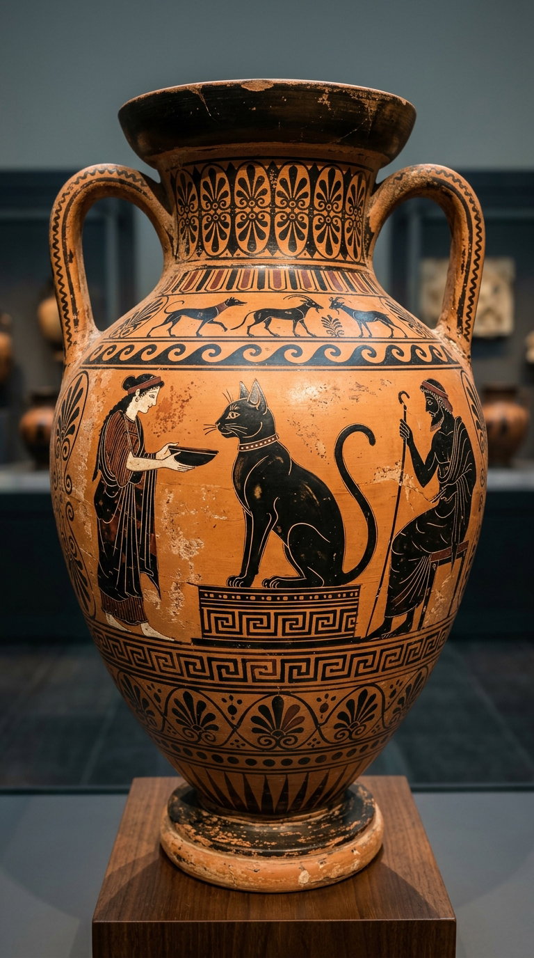 A decorated ancient Greek vase featuring a black cat seated on a pedestal, a woman offering food, and another figure beside them.