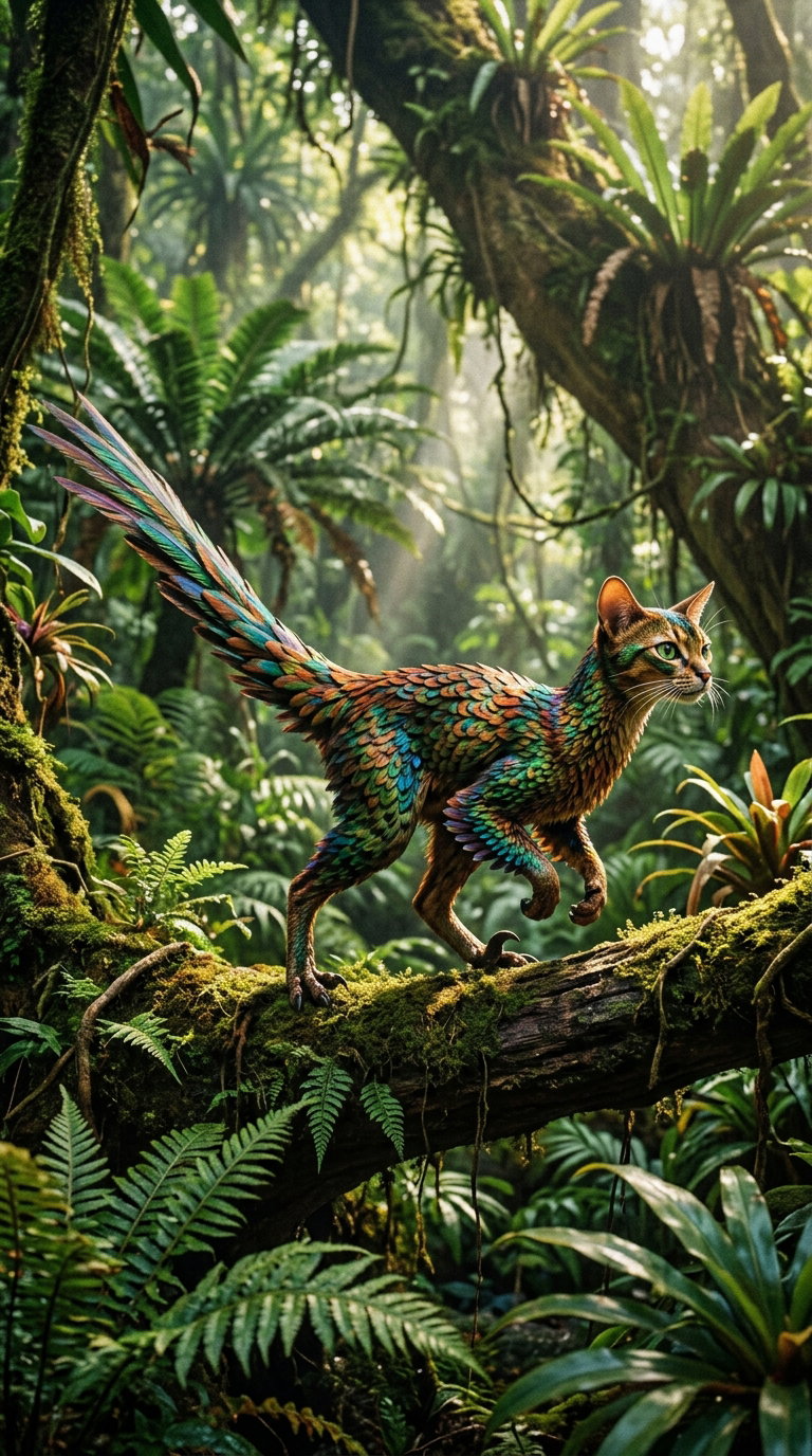 A vividly colored cat with feathers standing on a tree branch in a lush jungle.