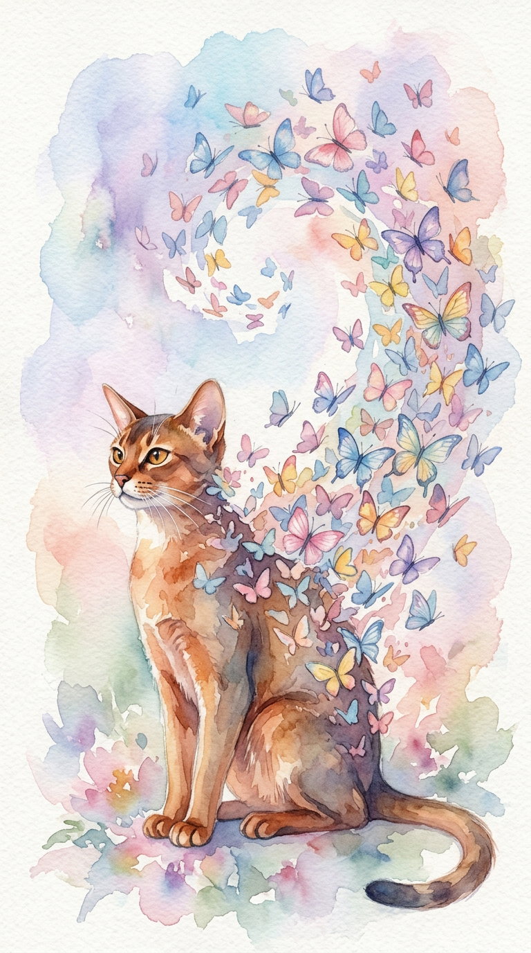 A watercolor painting of an Abyssinian cat sitting, with butterflies swirling around it.