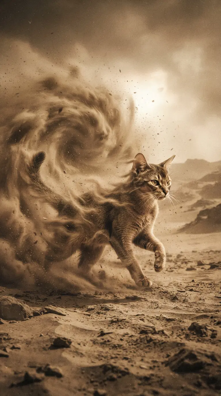 A dynamic Abyssinian cat amidst a sandy, swirling dust storm