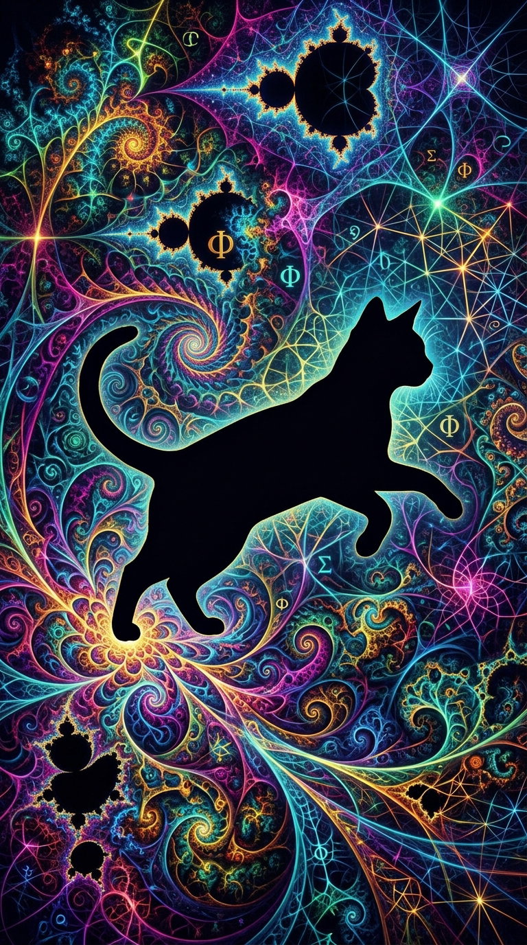 A silhouette of a jumping cat against a colorful fractal background