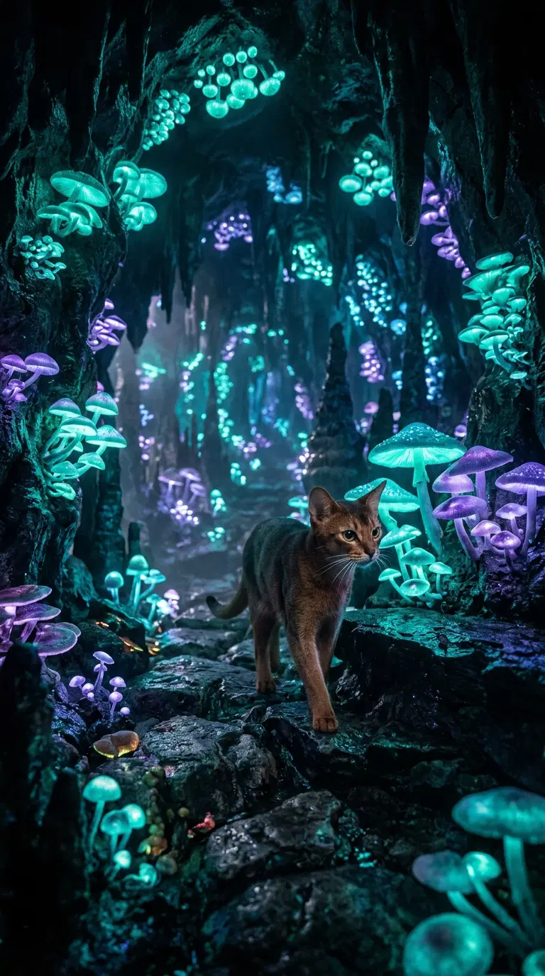 Abyssinian Cat Walking Through a Mystical Mushroom Cave