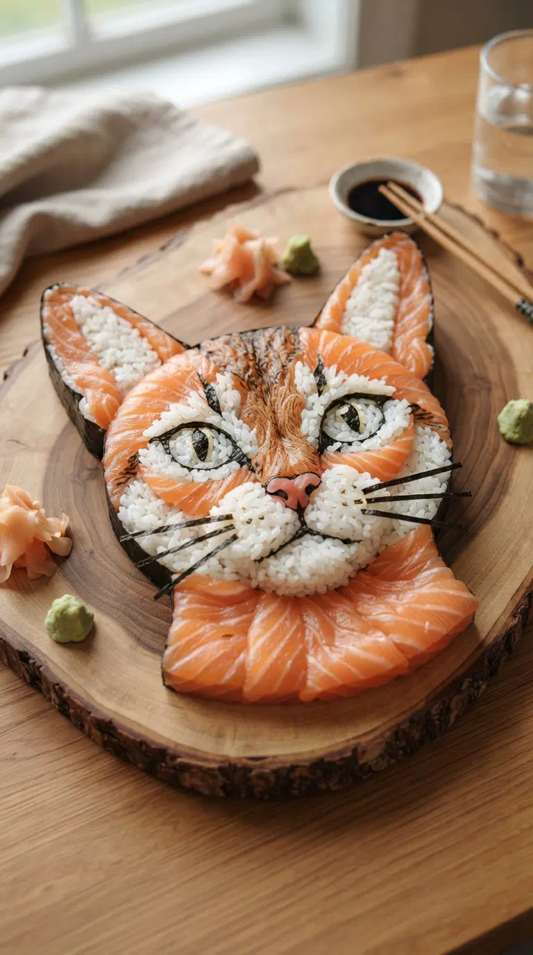 A stunning sushi artwork featuring a cat with realistic detail