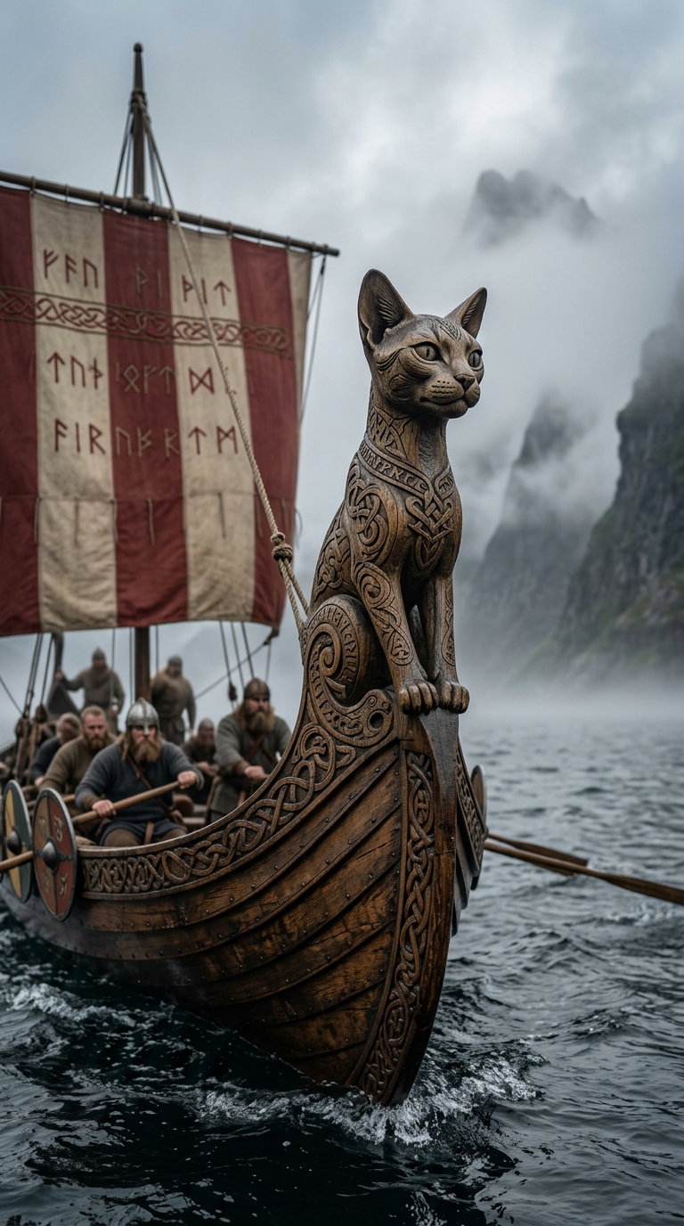 A Viking ship sailing through foggy waters with a carved cat figurehead and crew members visible on board.