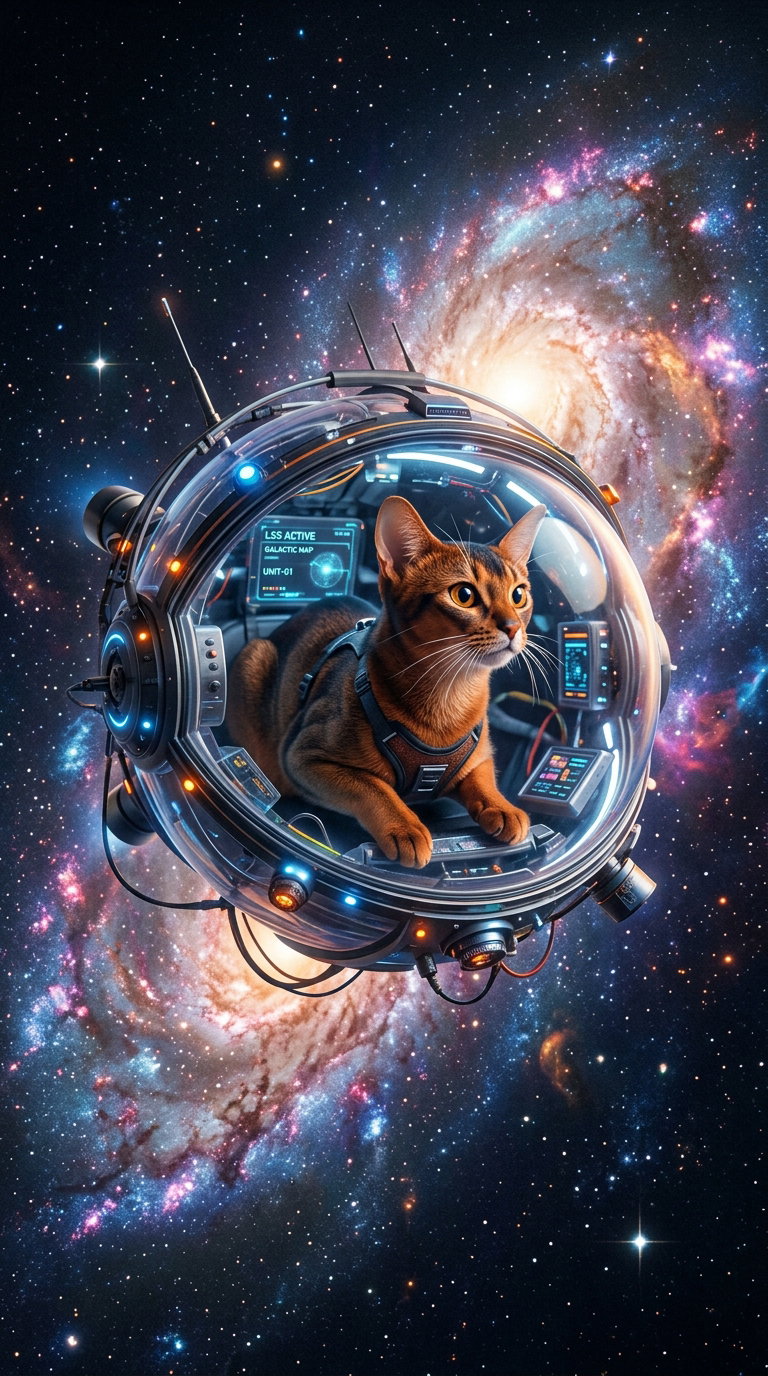 A cat inside a transparent spaceship surrounded by a galaxy.