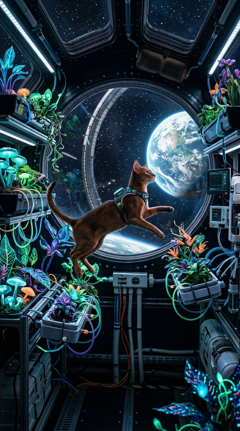 A brown Abyssinian cat floating in a space station filled with vibrant plants and a view of Earth through a window.