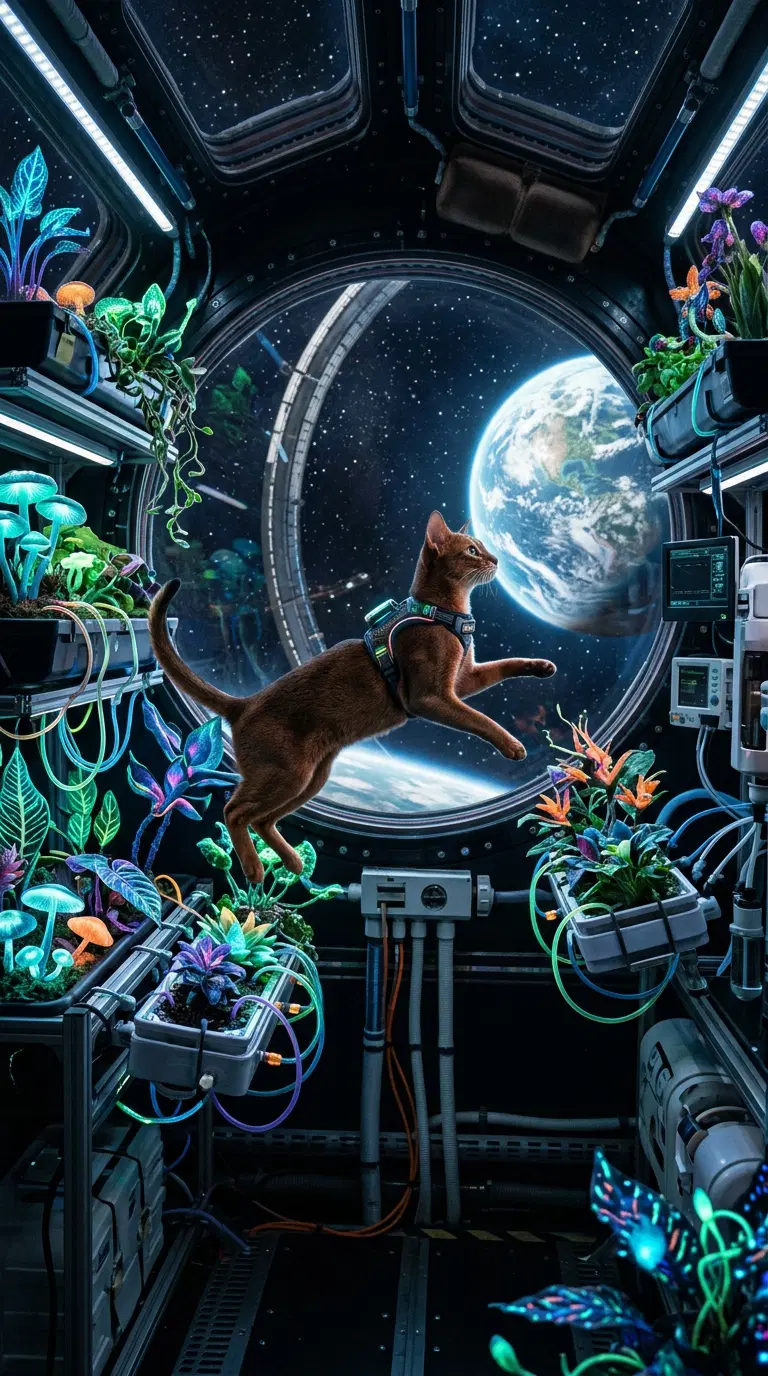 An Abyssinian Cat Exploring a Futuristic Space Environment