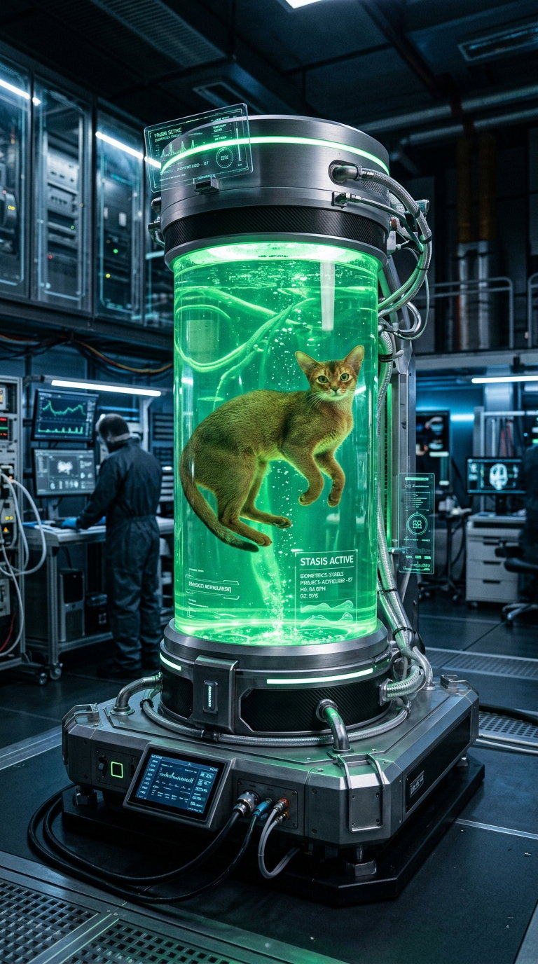A futuristic lab setting with an Abyssinian cat in a glass chamber filled with green liquid, surrounded by high-tech equipment.