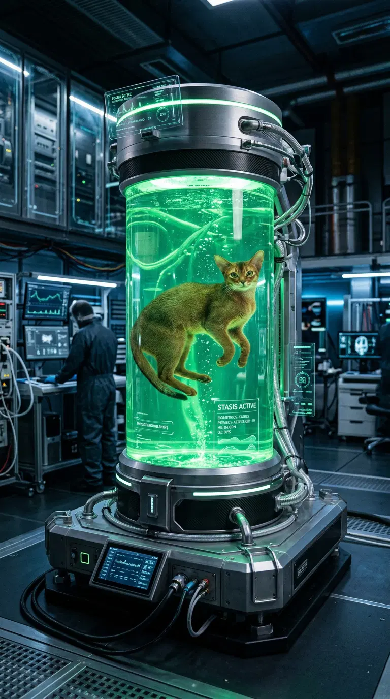 Abyssinian Cat in Sci-fi Glass Chamber with Neon Green Liquid