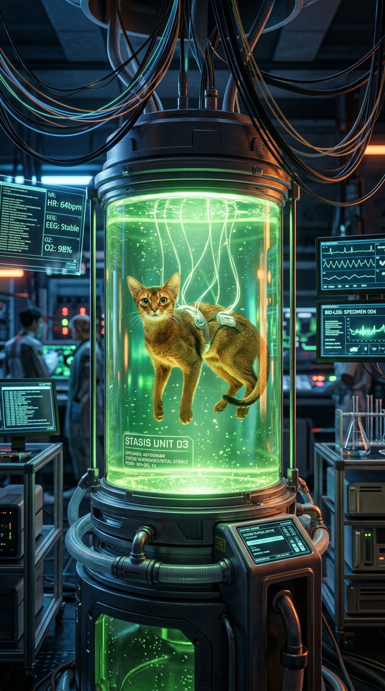 An Abyssinian cat suspended in green liquid inside a glass stasis unit with monitoring equipment around.