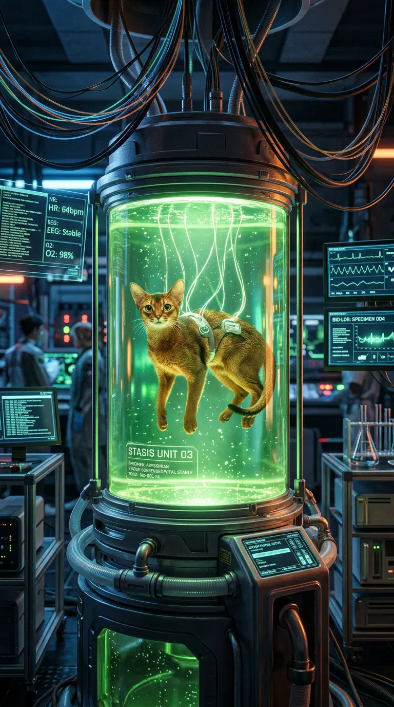 Futuristic Abyssinian Cat in High-Tech Stasis Unit