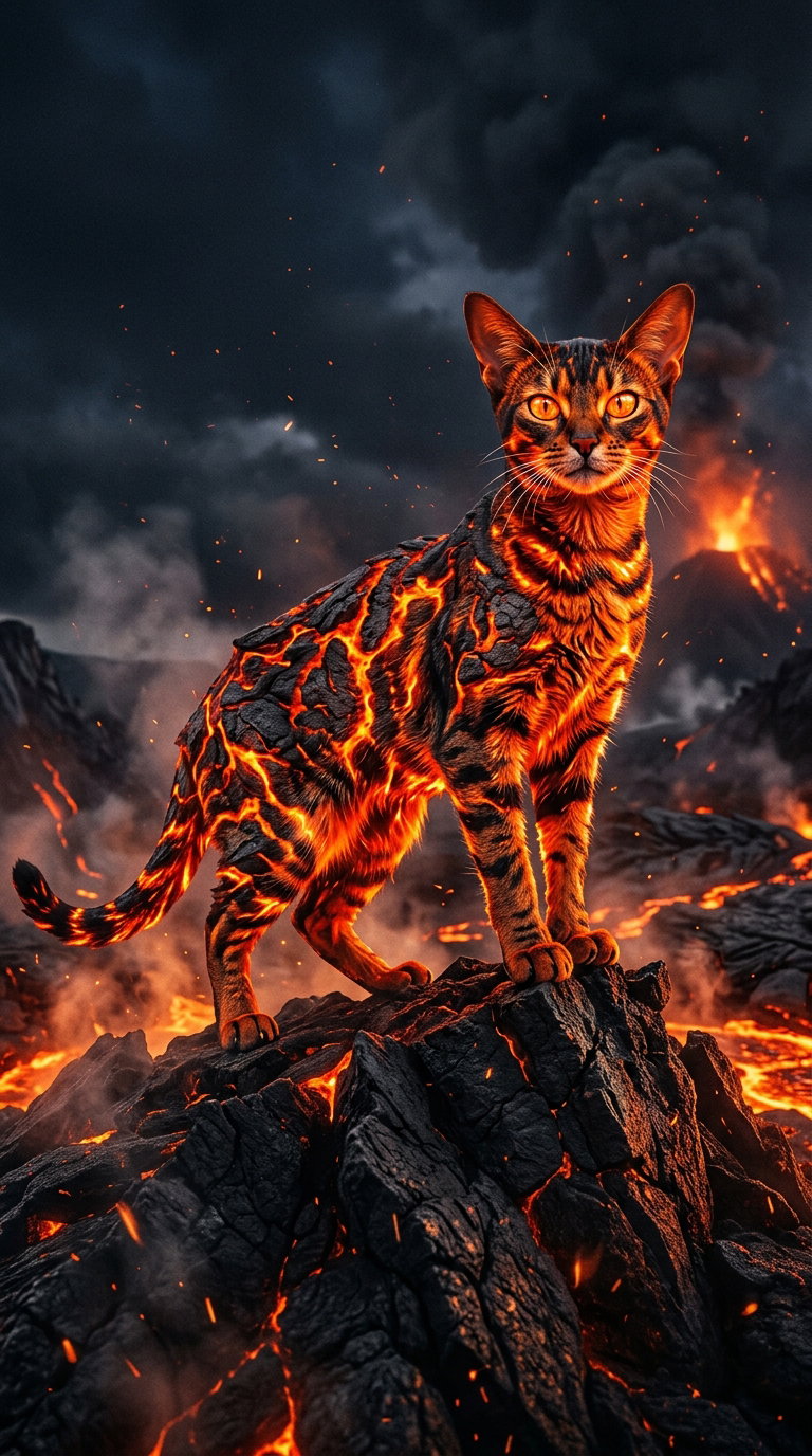 A cat with fiery lava patterns standing on black volcanic rock