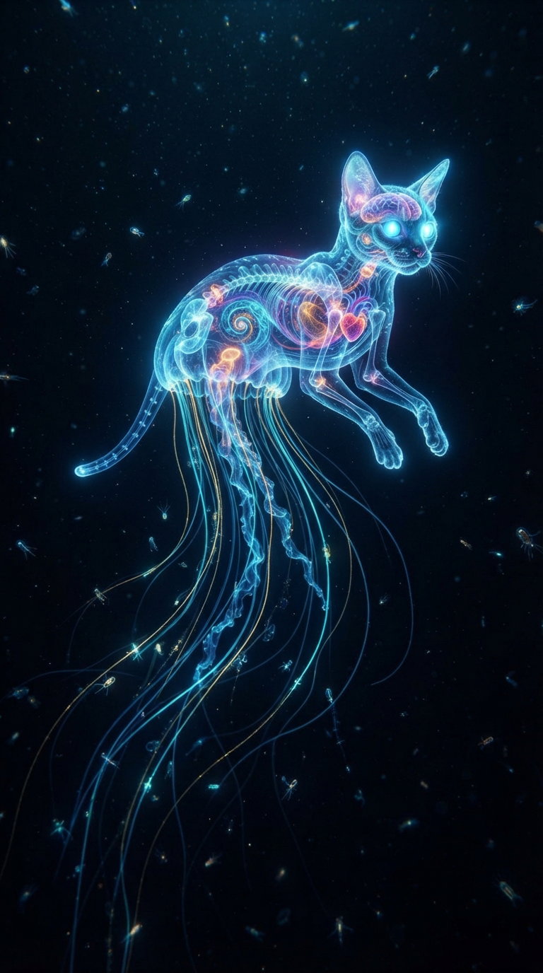 An ethereal glowing image of a cat with jellyfish-like tendrils.