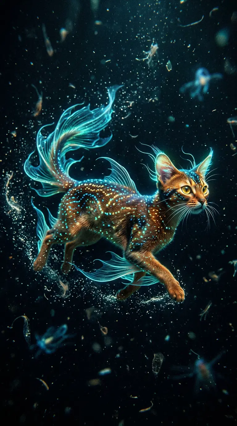 A mystical Abyssinian cat swimming through a cosmic ocean