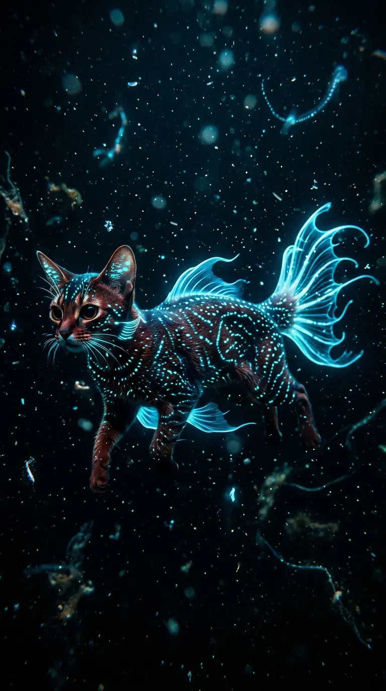 Abyssinian Cat with Glowing Features Swimming in Dark Water