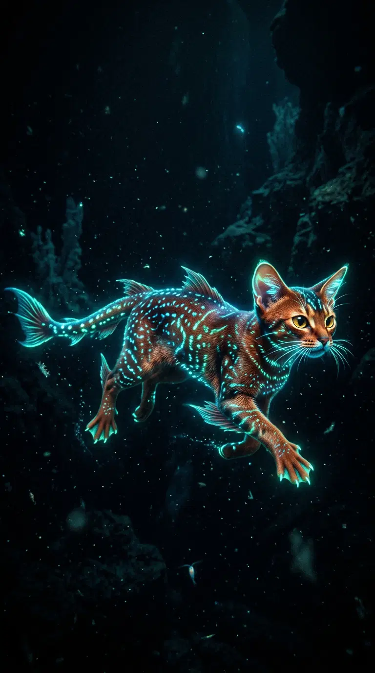 A glowing Abyssinian cat swimming in an underwater scene