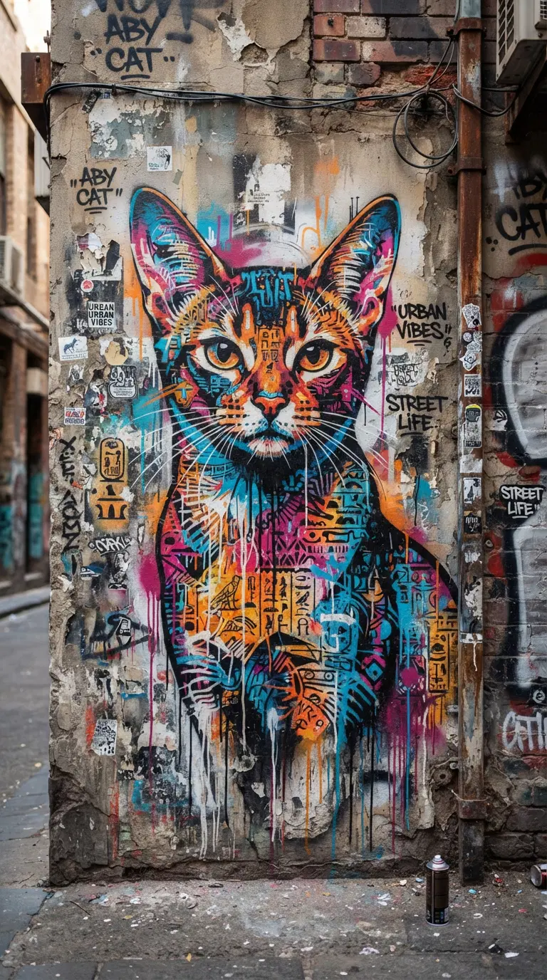 Colorful Street Art Featuring an Abyssinian Cat in Urban Setting