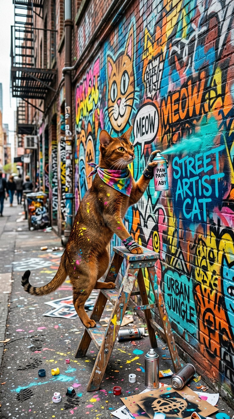 A brown Abyssinian cat on a ladder painting a graffiti mural on a wall, surrounded by colorful art and spray cans.