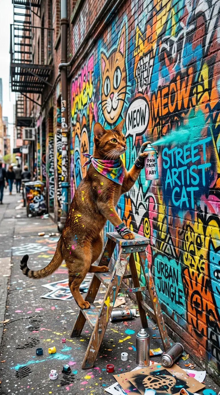 Abyssinian Cat Painting a Colorful Mural in Urban Setting
