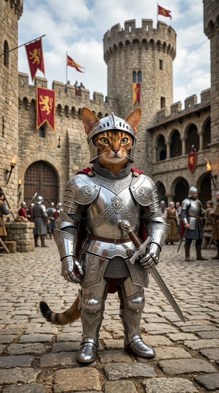 A heroic Abyssinian cat in medieval knight armor at a castle