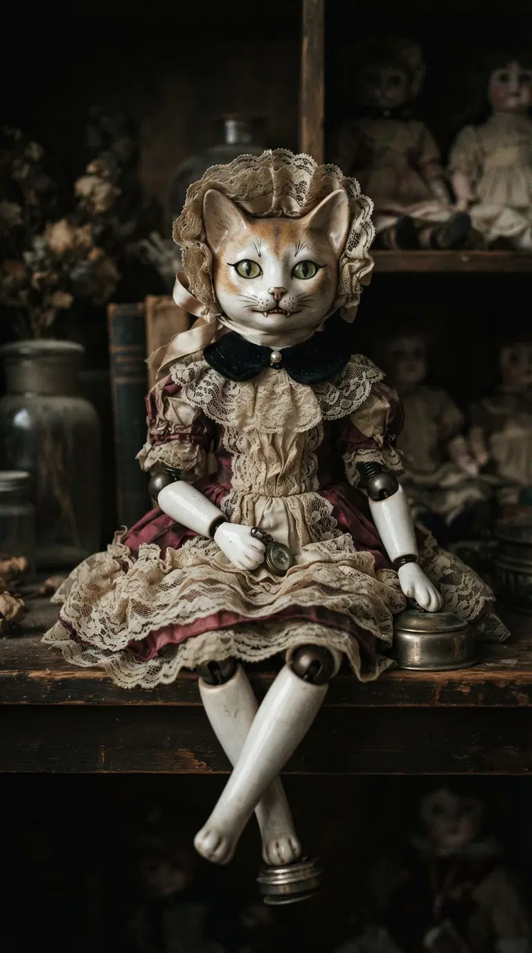 Cat Doll Dressed in Victorian Style Antique Clothing