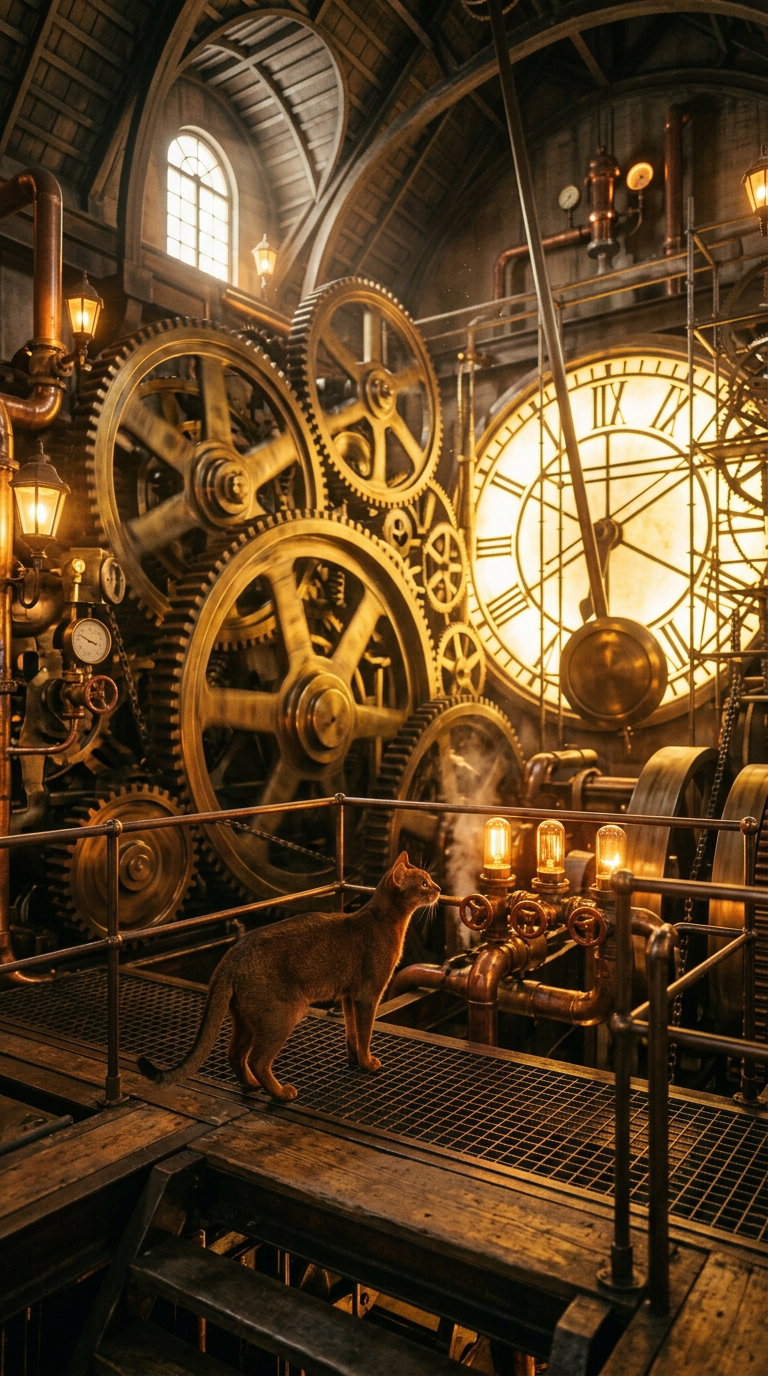 An Abyssinian cat stands on a metal platform surrounded by large gears and a clock.