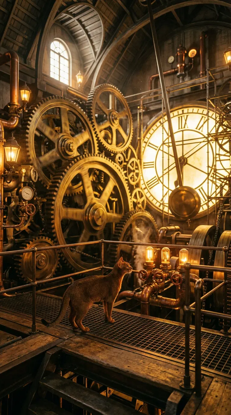 A Mechanically Inspired Steampunk Scene with a Curious Abyssinian Cat