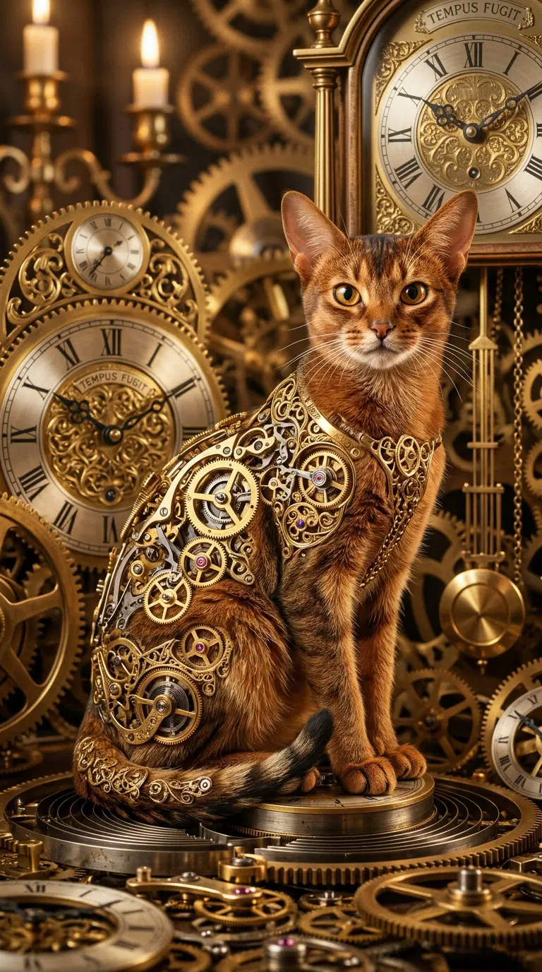 An Abyssinian Cat Surrounded by Intricate Clock Gears in Gold