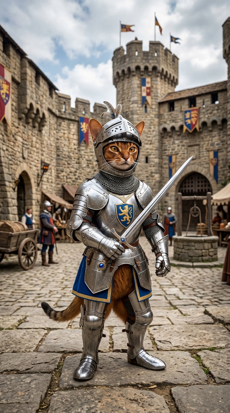 A cat in shiny armor stands in a medieval castle courtyard.