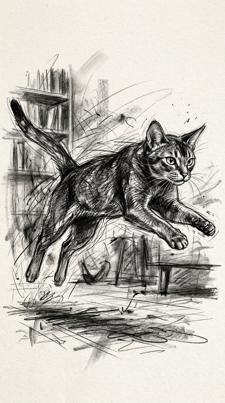 A sketch of a cat mid-jump with a blurred background of shelves.