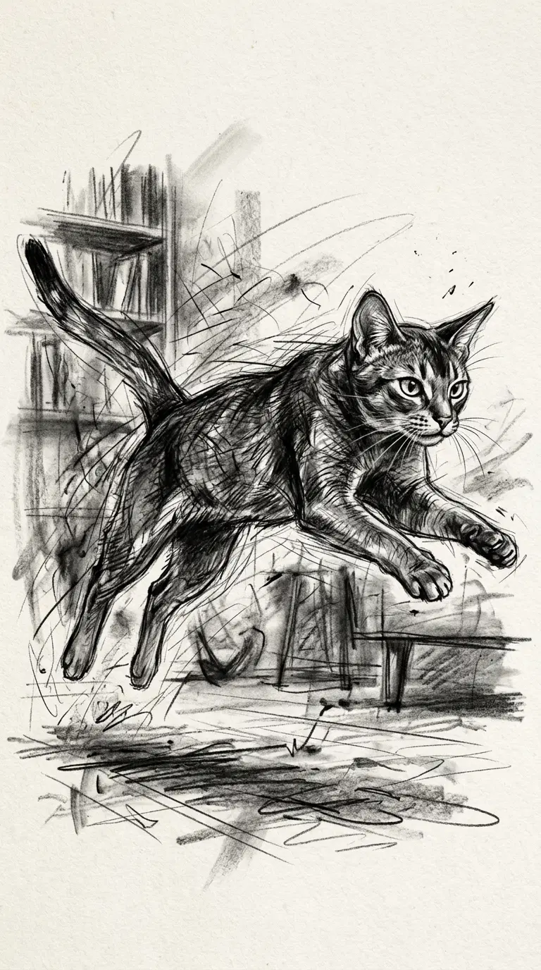 Dynamic Sketch of an Abyssinian Cat in Mid-Jump