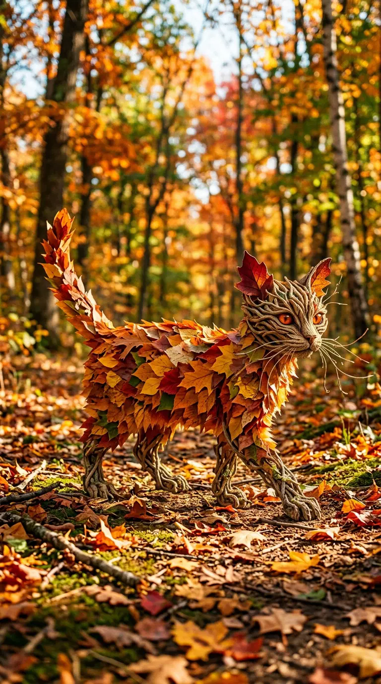 A whimsical cat made of autumn leaves in a colorful forest
