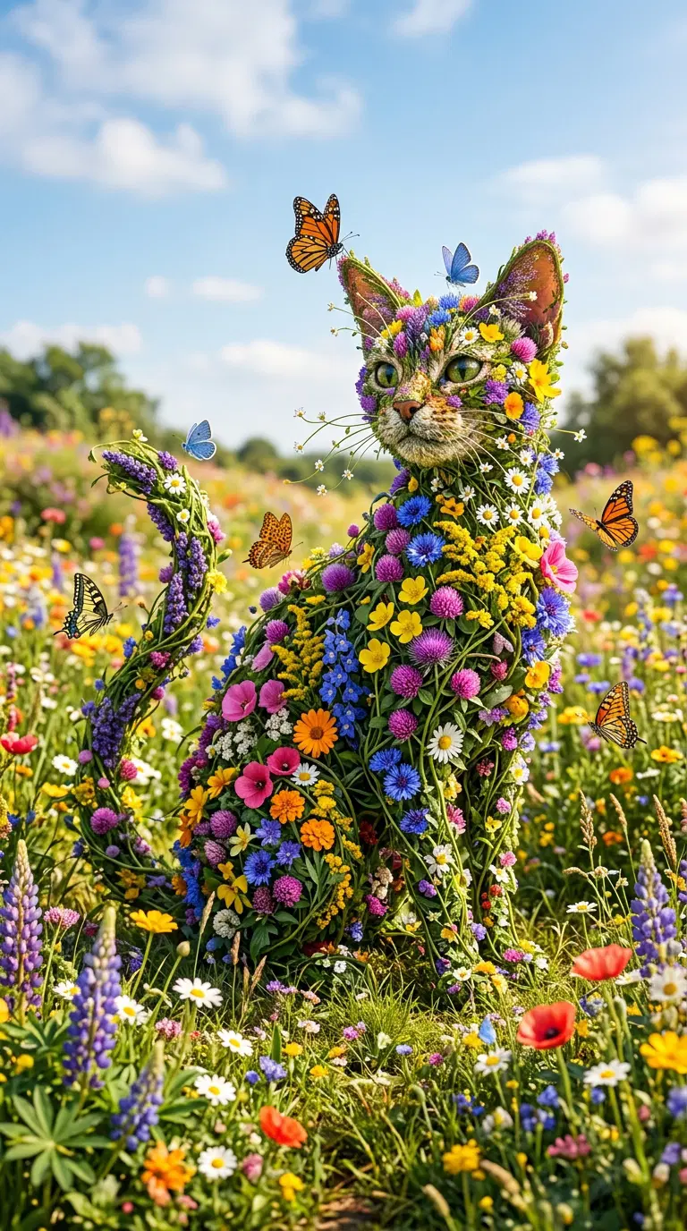 A Colorful Floral Cat Sculpture Surrounded by Butterflies