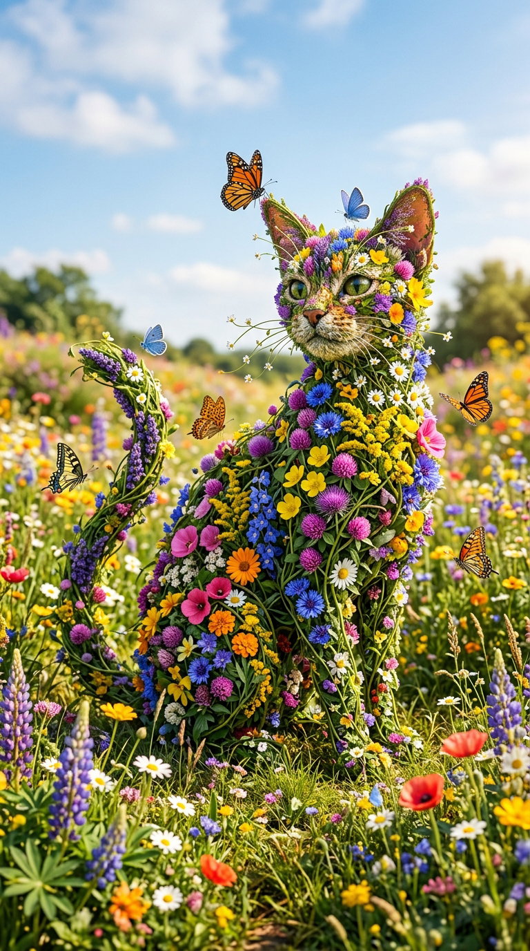 A cat made of flowers and butterflies in a colorful field.